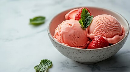 Strawberry sundae ice cream in bowl on white stone background Copy space : Generative AI