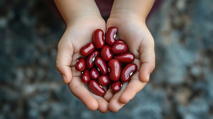 Aufkleber - Red kidney beans in kids hands Grey stone background Top view Copy space : Generative AI