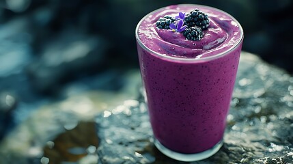 Poster - Blueberry blackberry honeysuckle honeyberry smoothie with violet syrup and acai berry powder on a stone background : Generative AI