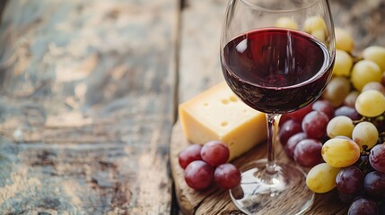 Poster - Glass of red wine with fresh grape and cheese on wooden table Copy space : Generative AI