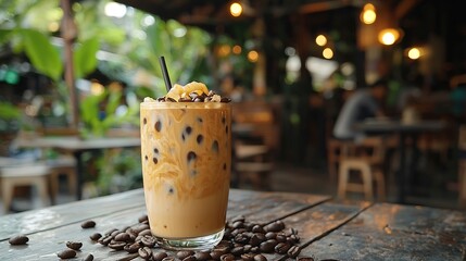 Aufkleber - Traditional Vietnamese Thai Ice coffee with coffee beans on a wooden background : Generative AI