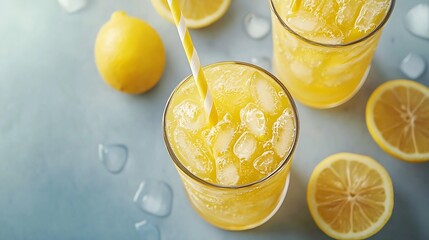 Aufkleber - Lemon ice tea lemonade Grey background Copy space Top view : Generative AI