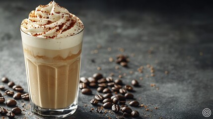Aufkleber - Ice coffee in a tall glass with cream poured over and coffee beans on a grey stone background : Generative AI