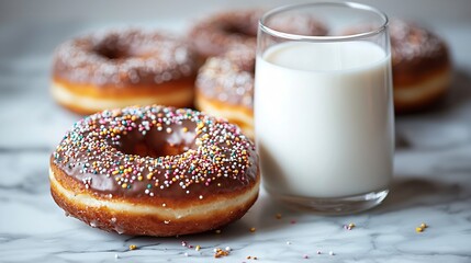 Poster - Donuts with glass of milk on marble table Grey background Copy space : Generative AI