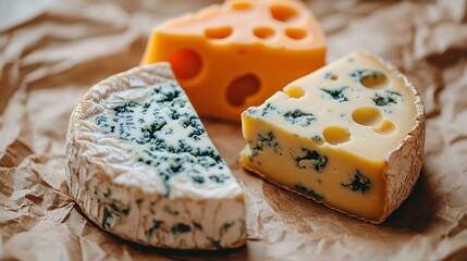 Poster - Cheese assortment blue cheese hard cheese soft cheese on a parchment paper Wooden background : Generative AI