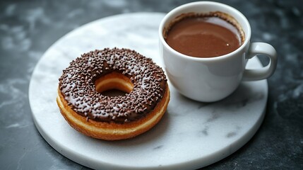 Poster - Coffee in a white cup with chcolate donut on marble board Top view Copy space : Generative AI