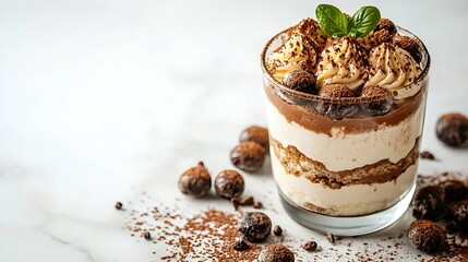 Poster - Tiramisu traditional Italian dessert in glass on a white marble background : Generative AI