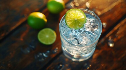 Aufkleber - Gin tonic in glass with ice and lime slice on a wooden background Selective focus : Generative AI