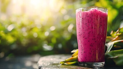 Poster - Glass of dragon fruit smoothie juice and fresh pitahaya on a outdoor tropical background : Generative AI