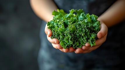 Poster - Kale salad leaf in kids hands Grey background Copy space : Generative AI