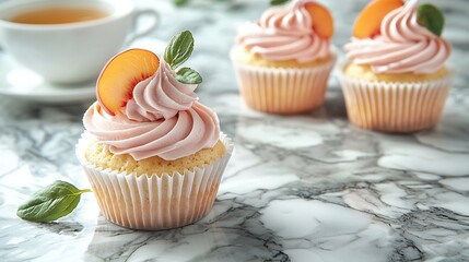 Poster - Peach cupcakes muffins with cup of tea Marble table Close up : Generative AI