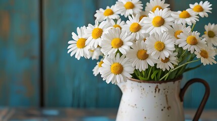 Poster - Bunch of camomilechamomile daisy flowers in an enamel metal vintage jug on a blue turquoise wall background : Generative AI