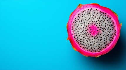 Poster - Fresh dragon fruit pitahaya slice Blue background Copy space Top view : Generative AI