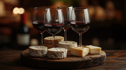 Poster - Cheese assortment with red wine in glasses Stone and wood background Copy space : Generative AI