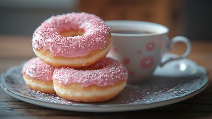 Poster - Donuts on a plate with cup of coffee Grey background Close up : Generative AI