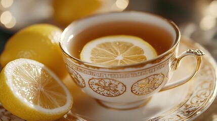 Poster - Ginger tea with lemon Grey background Healthy immunity boost hot drink Close up : Generative AI