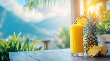 Poster - Glass of pineapple smoothie juice and fresh fruit on a outdoor tropical background : Generative AI