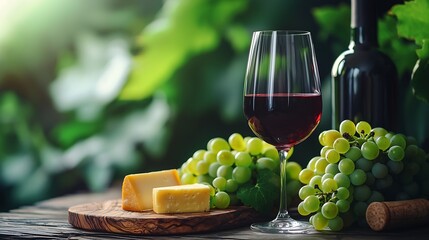 Poster - Glass of red wine with fresh grape and cheese on wooden table : Generative AI