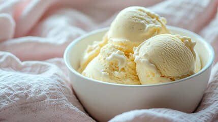 Poster - Ice cream with Earl grey tea flavor in white ceramic bowl on a white textile background Homemade Organic product : Generative AI