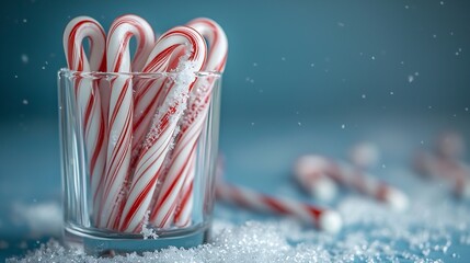 Poster - Candy canes in a glass Christmas tree decoration with snow on blue background Copy space : Generative AI