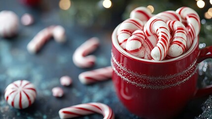 Poster - Candy cane sweets in a mug Christmas and New Year background Close up : Generative AI