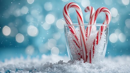 Poster - Candy canes in a glass Christmas tree decoration with snow on blue background Copy space : Generative AI