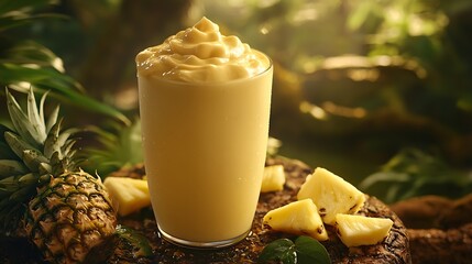 Poster - Glass of pineapple smoothie juice and fresh fruit on a outdoor tropical background : Generative AI