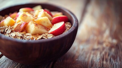 Poster - Overnight oats bircher muesli with apple cinnamon and honey Wooden background Close up : Generative AI