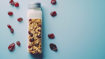 Poster - Granola bar with dried cranberry and raisin with a bottle of milk on a white and blue background Healthy breakfast : Generative AI