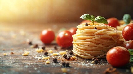 Poster - Italian food ingredients pasta tomatoes herbs minced and spices on wooden background : Generative AI