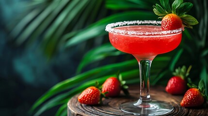 Poster - Strawberry margarita cocktail on colorful wooden background with palm leaf Copy space : Generative AI