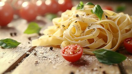 Poster - Italian food ingredients pasta tomatoes herbs minced and spices on wooden background : Generative AI