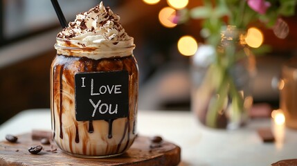 Aufkleber - Iced cold coffee frapuccino with whipped cream and chocolate syrup in jar with chalkboard I Love You on a white table : Generative AI