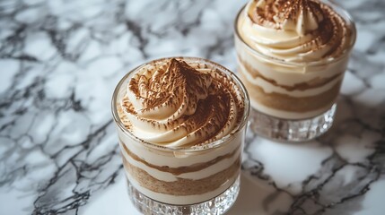 Poster - Tiramisu dessert in glasses Marble background Close up Top view : Generative AI