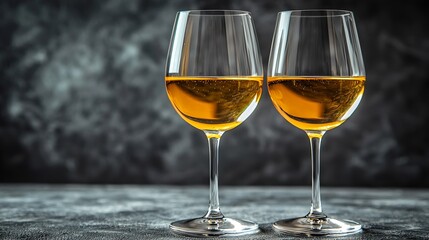 Poster - Two glasses with white wine on grey wooden background Copy space : Generative AI