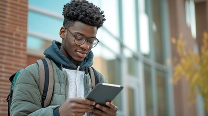 Poster - A student reviewing study materials on a mobile device while on the go.