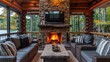 © JIALU - Beautiful rustic stone fireplace in an outdoor living room on the deck of a modern log home, featuring comfortable seating and a flat-screen TV above, with a fire burning and rustic interior design