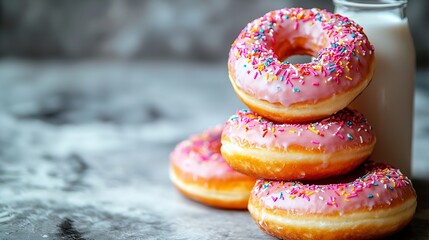 Poster - Donuts with bottle of milk on marble table Grey background : Generative AI
