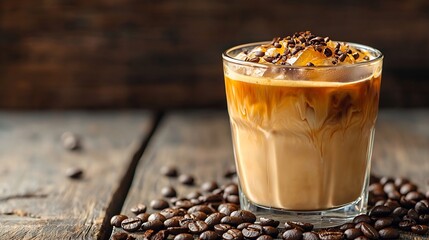 Aufkleber - Traditional Vietnamese Thai Ice coffee with coffee beans on a wooden background Copy space : Generative AI