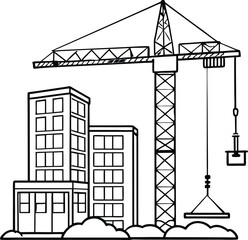 Building cranes line art illustration on white background.