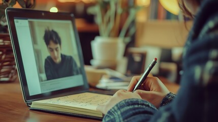 Poster - A student taking notes while engaging with an e-learning video lesson.