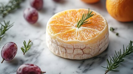 Poster - Cheese with washed orange rind with grape Marble table background Top view : Generative AI