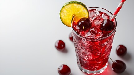 Aufkleber - Cherry Limeade lemonade cola cocktail in a tall glass on a white background Top view Copy space : Generative AI