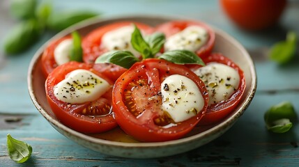 Poster - Tomato salad with basil cheese olive oil and garlic dressing Blue wooden background : Generative AI