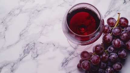 Poster - Red wine in glass with fresh grape on marble table background Top view : Generative AI