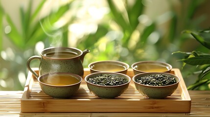 Aufkleber - Green tea in tea pot and bowls cups on wooden tray Close up : Generative AI