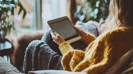 Poster - A student using a tablet to access online learning resources in a cozy home setting.