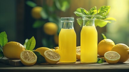 Poster - Lemonade in glasses and bottles made of grilled lemons on a wooden background : Generative AI