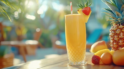 Poster - Glass of pineapple smoothie juice and fresh fruit on a outdoor tropical background : Generative AI