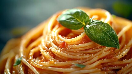 Pasta spaghetti Puttanesca with tomato sauce and fresh basil Grey background Close up Top view : Generative AI